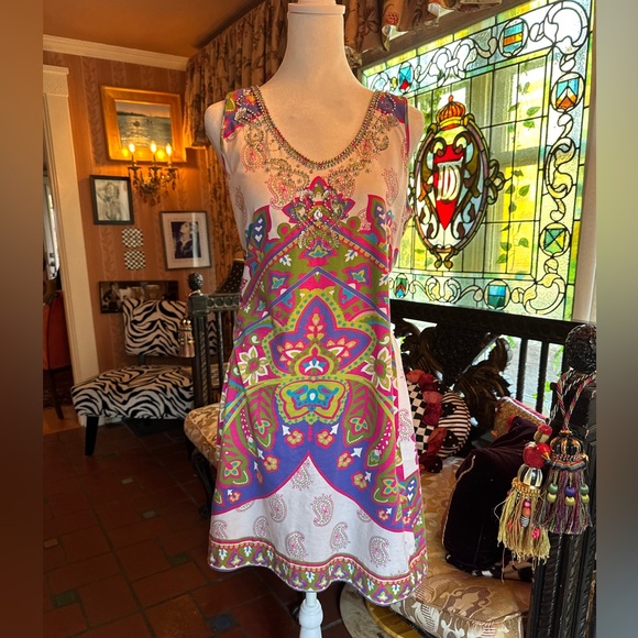 Joyous & Free Colorful V-Neck Beaded Mini Dress - Picture 1 of 4